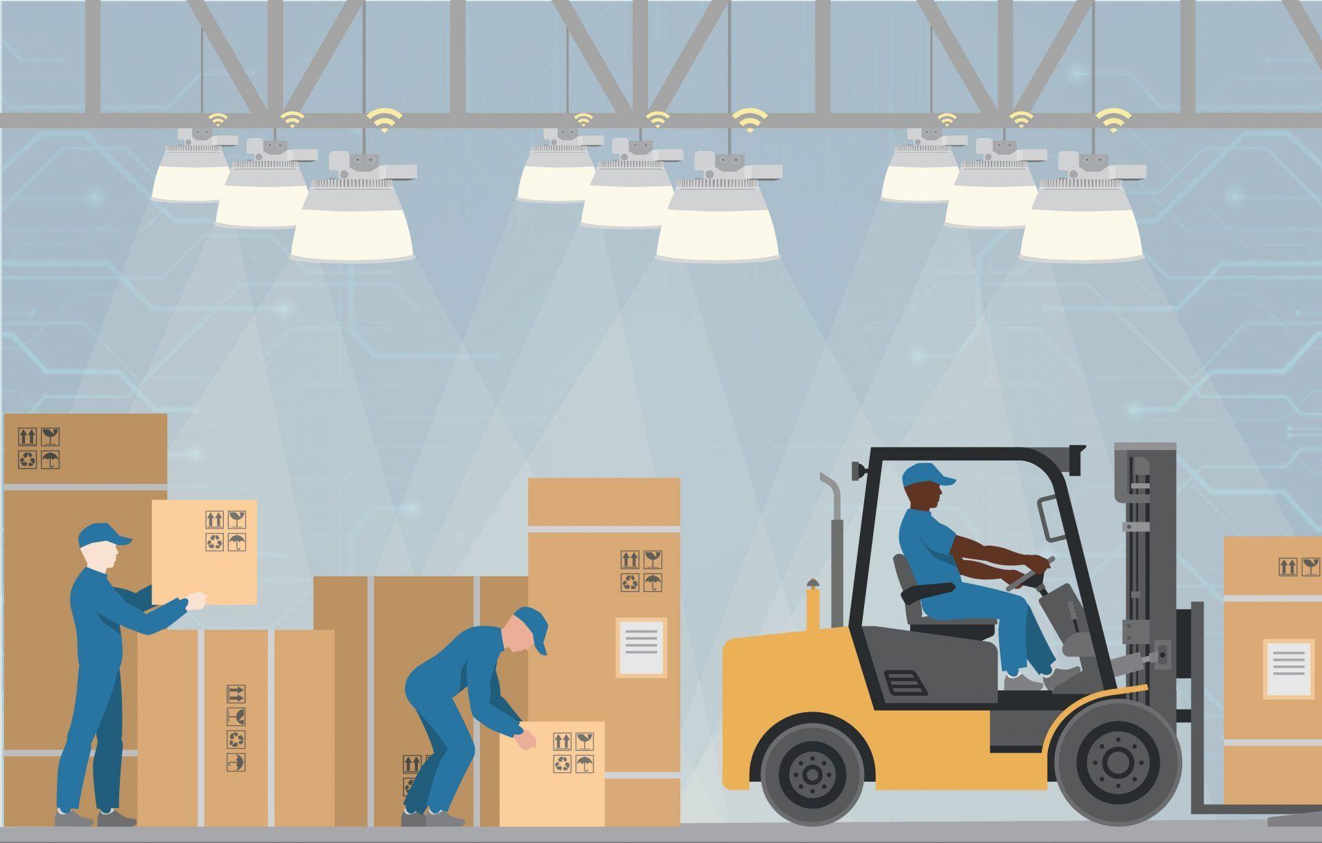 illustration of factory workers operating forklift under intelligent factory lighting